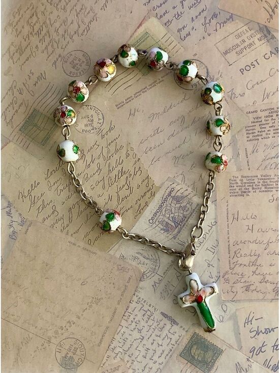 Jewelry - Vintage Cloisonné Religious / Devotional Enamel Rosary-Style Cross Bracelet